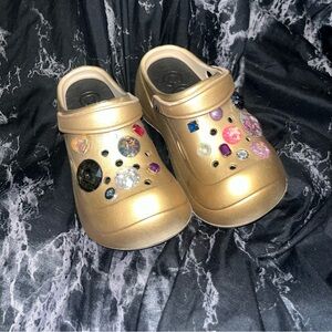 Metallic Gold platform Clogs with Gem Accents
